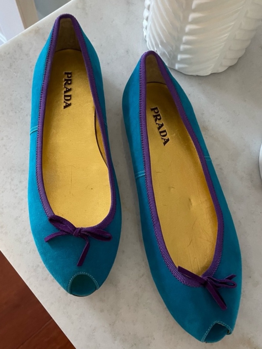 Prada Teal Suede Peep-Toe Ballet Flats with Purple Trim size 39.5